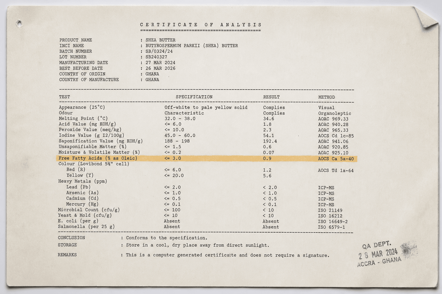 Scan of a supplier certificate of analysis for shea butter, with the country of origin line marked